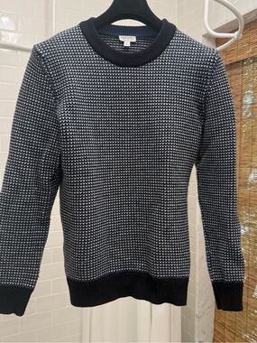 Sunspel Fisherman Merino Wool Navy & White Textured Knit Crewneck